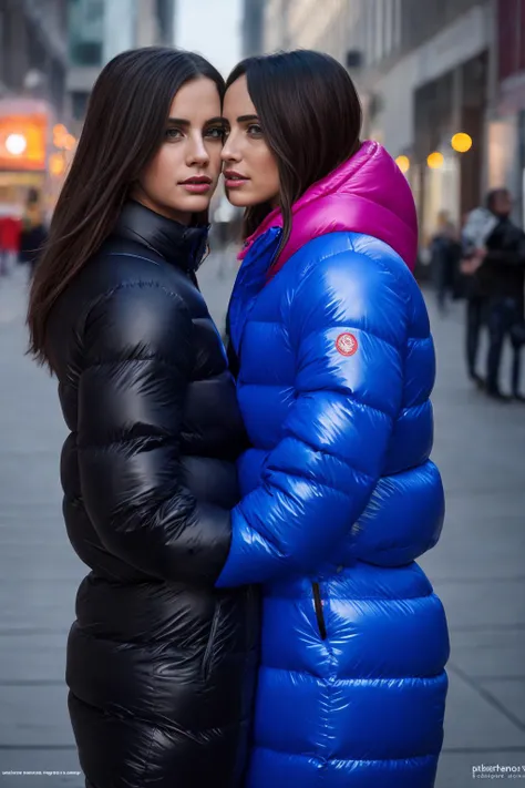 Stunning portrait of two sweet, ((cute)), slim, long haired, young European woman on a street in a city. they are dressed in shiny, colorful, completely enclosureable, (puffer down outfits:1.3) by parkasite, very high yoked. ((they kiss and cuddle)). tempting, emotional, dramatic, high detail, realistic, realistic character design, inspiring, intense emotion,  [[masterpiece, 8k, RAW photo, portrait, best quality, ultra high res, photorealistic, cinematic lighting, digital painting, storytelling, high resolution, depth of field, lens flare]] <lora:Parkasite_v10:0.6>  <lora:hairdetailer:0.3>