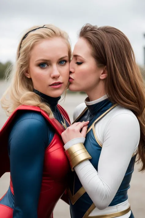 RAw photo, 2girls, wearing powergirl costume, smooching, blue eyes, blonde, redhead, brunette, <lora:PA7_Beautify2:0.1> PA7_Photo -FL