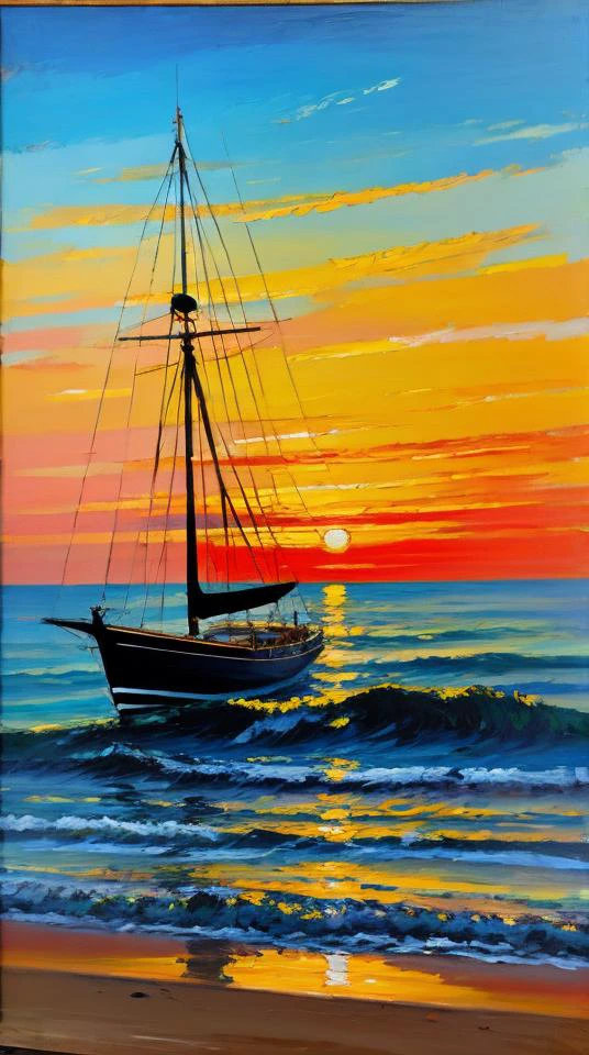 Impressionist oil painting on an old canvas, sunset on the beach , yatch on the sea, energetic strokes, black and bronze palette, fine and detailed strokes