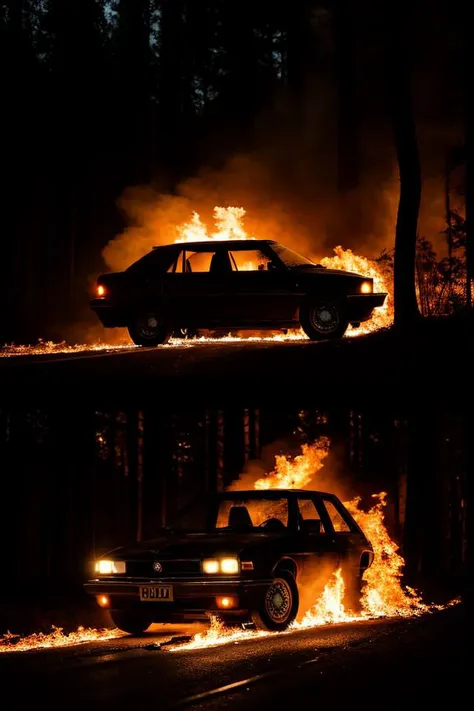 cinematic photo bear siting in burning car, sparks, dark forest, middle shot (oil painting:0.1), <lora:ClassipeintXL1.9:0.4> ,best quality, high resolution, extreme detail, outstanding composition, masterpiece, . 35mm photograph, film, bokeh, professional, 4k, highly detailed