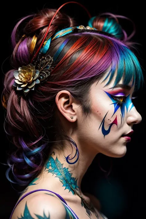 silhouette of a female jester , by Minjae Lee, Carne Griffiths, Emily Kell, Geoffroy Thoorens, Aaron Horkey, Jordan Grimmer, Greg Rutkowski, amazing depth, masterwork, surreal, geometric patterns, intricately detailed, bokeh, perfect balanced, deep fine borders, artistic photorealism , smooth, great masterwork by head of prompt engineering