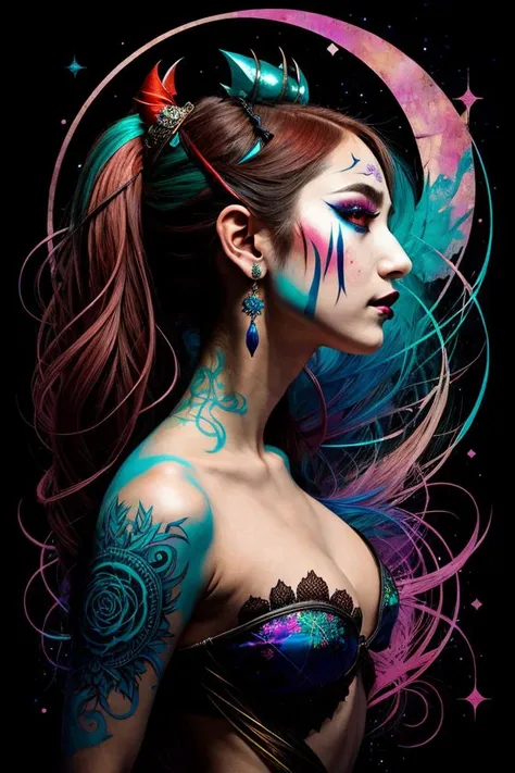 silhouette of a female jester , by Minjae Lee, Carne Griffiths, Emily Kell, Geoffroy Thoorens, Aaron Horkey, Jordan Grimmer, Greg Rutkowski, amazing depth, masterwork, surreal, geometric patterns, intricately detailed, bokeh, perfect balanced, deep fine borders, artistic photorealism , smooth, great masterwork by head of prompt engineering