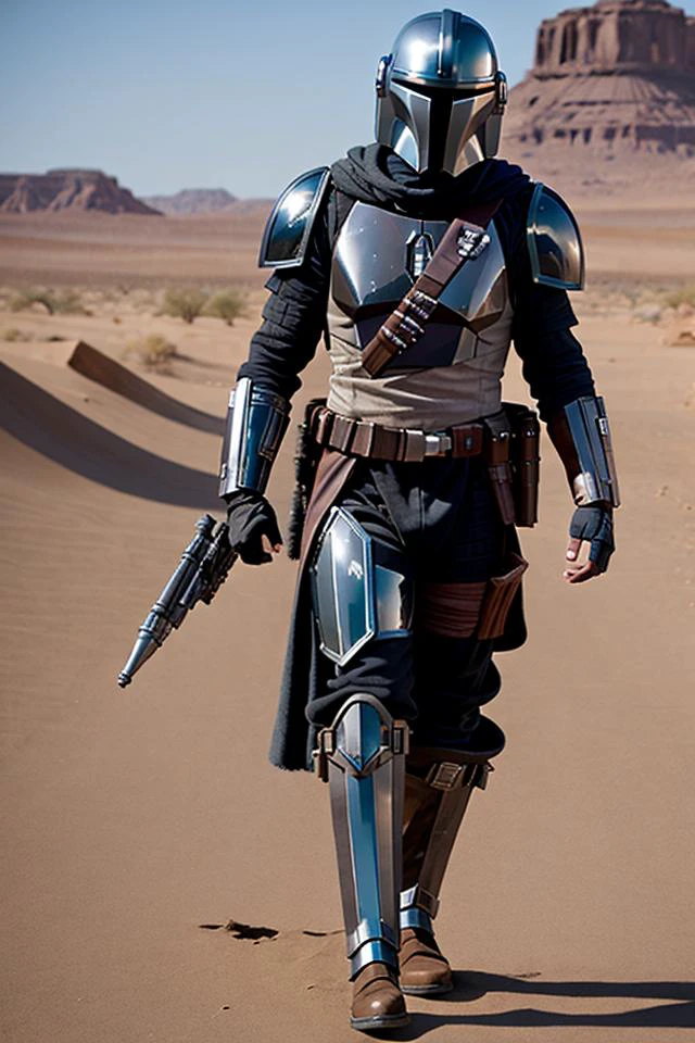The Mandalorian made of Chrome, with obsidian trim, walking through the desert