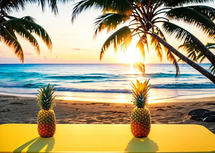 a photo of a pineapple over a yellow plastic table on a tropical resort beach at sunset, high quality, best quality, masterpiece, hd