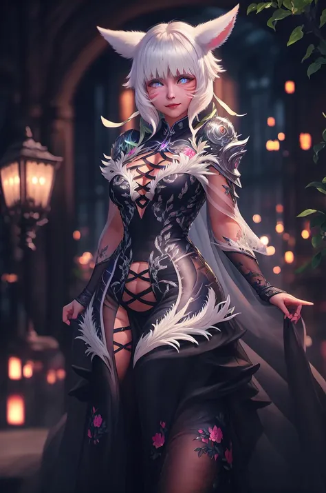 ultra realistic 8k cg, HDR, beautiful detailed glow, film Reflection, perfect artwork, sun lights, looking at viewer, masterpiece, picture-perfect face, beautiful face, exquisite facial features, (y'shtola:1.1), (wearing [cql|(dudou:1.25)], wearing a black silk dress with keyhole_cleavage, embroidery, floral print), lustrous skin, happy, medium breast, cleavage, (finely detailed beautiful eyes: 1.2), (dark theme:0.3), (warm torch lighting), hotel room background, solo, bokeh, sunlight, bloom, plants, dreamlike, unreal, <lora:yshtolaFFXIV_v1:1.1> <lora:lowra_v10:0.8> <lora:CQL:0.45>