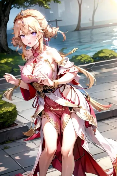 <lora:Feise-08:0.75>, feisetof, open mouth,  hair ornament, dress, bare shoulders, jewelry, outdoors, sky, bracelet, leaning forward, leaf, chinese clothes, pink dress, orb, looking at viewer, smiile