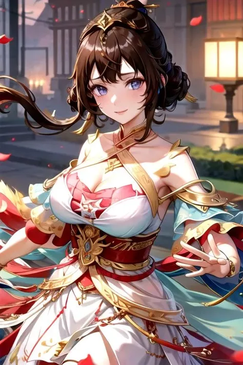 ong hair, brown brown hair, curly hair, thighhighs, japanese clothes, blue outfit, bracelets, big boobs White hair ornament