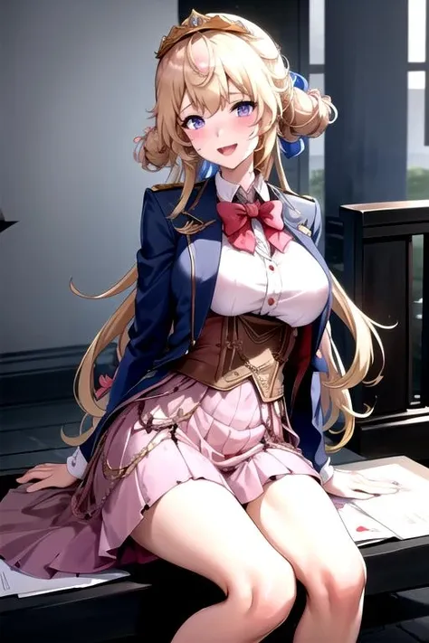 <lora:Feise-08:0.75>, feisetof, best quality, masterpiece, highres, abserdres, looking at viewer, blush, smile, open mouth, skirt, shirt, long sleeves, bow, jacket, hair bow, striped, indoors, blue skirt, blue jacket, pencil skirt, head rest, stairs, letter, envelope, paper airplane