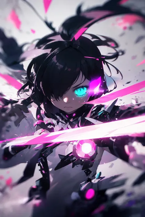 (masterpiece, best quality, ultra detailed), 1girl, solo, magical girl, from front, active pose, glowing eye, hair over one eye, (decef:1.1), swirling magic, glitch fragments, disintegrating effect, <lora:decef-000007:0.9>, pastel neon colors tone, light particles, soft lighting, depth of field,