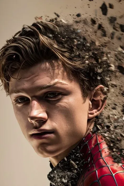 (masterpiece),
1man, (tom holland) as spider-man,
portrait, looking at viewer,
((decef:1.15)), half face in ashes fragments,
simple background,
<lora:decef:1.15> <lora:tom-holland-v2:0.7> <lora:add_detail:1>