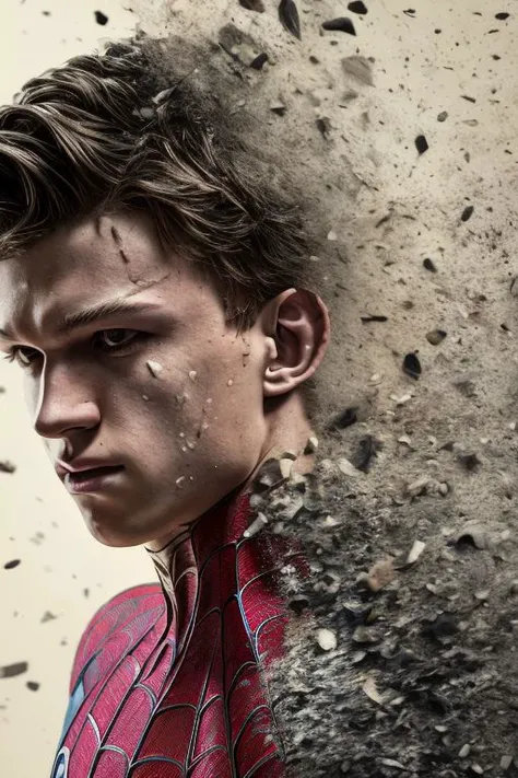 (masterpiece),
1man, (tom holland) as spider-man,
portrait, looking at viewer,
((decef:1.15)), half face in ashes fragments,
simple background,
<lora:decef:1.15> <lora:tom-holland-v2:0.7> <lora:add_detail:1>