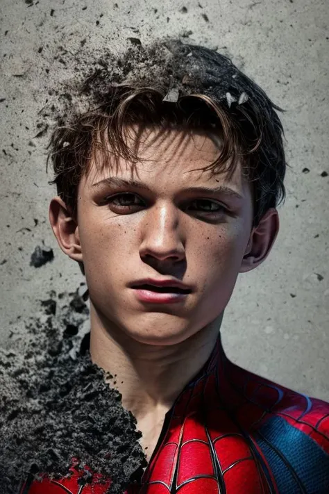 (masterpiece),
1man, (tom holland) as spider-man,
portrait, looking at viewer,
((decef:1.15)), half face in ashes fragments,
simple background,
<lora:decef:1.15> <lora:tom-holland-v2:0.7> <lora:add_detail:1>