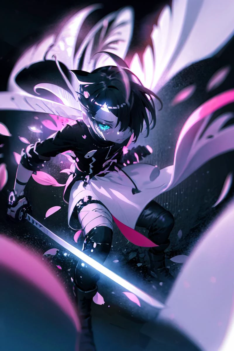 (masterpiece, best quality, ultra detailed), 1girl, solo, KatanaOneHand, blade to side, basic grip, blade down, blade right hand, <lora:UBWKatanaOneHand:0.9>, glowing eye, hair over one eye, decef, petal fragments, <lora:decef-000007:0.9>, swirling petal, pastel neon colors tone, light particles, cinematic lighting, depth of field,
