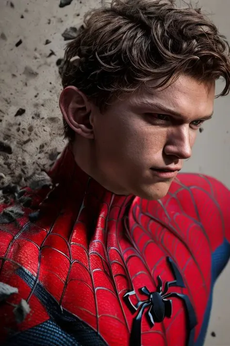 (masterpiece),
1man, (tom holland) as spider-man,
portrait, looking at viewer,
((decef:1.15)), half face in ashes fragments,
simple background,
<lora:decef:1.15> <lora:tom-holland-v2:0.7> <lora:add_detail:1>
