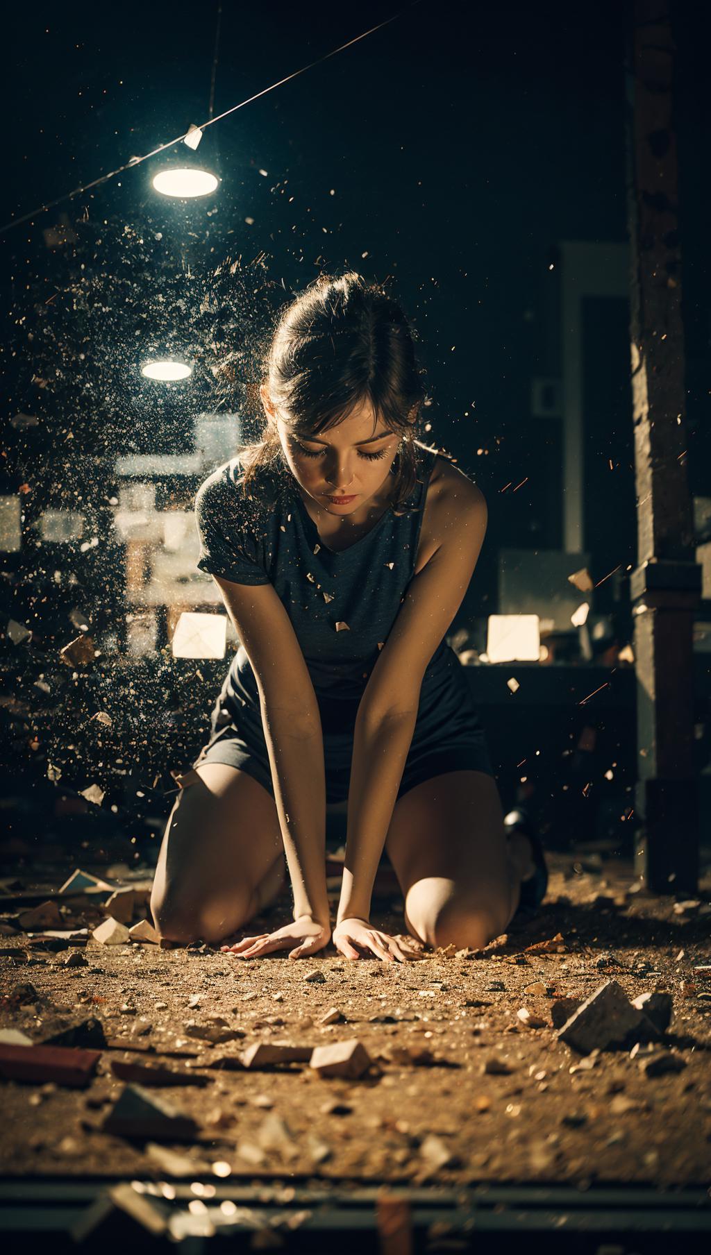 Arafed woman kneeling on the ground in a dark room - SeaArt AI