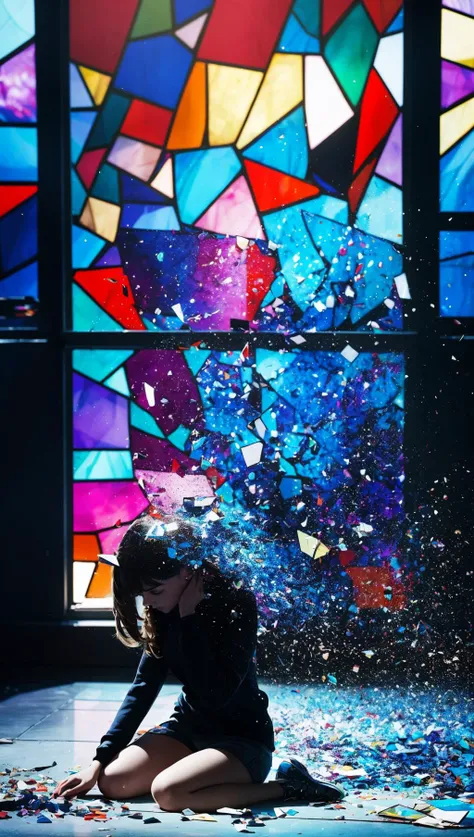decef,stained glass fragments,disintegrating effect,1 woman,kneeling,in the night,
<lora:decef-000007:0.9>,exaggerated,full of dynamic,geometric,particle,holo,motion lines,