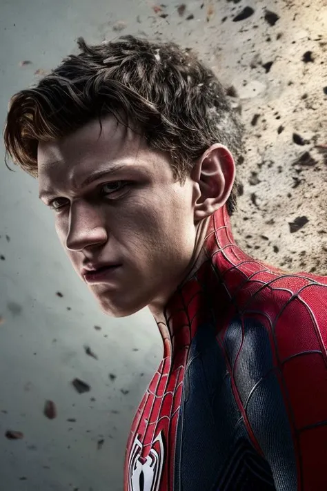 (masterpiece),
1man, (tom holland) as spider-man,
portrait, looking at viewer,
((decef:1.15)), half face in ashes fragments,
simple background,
<lora:decef:1.15> <lora:tom-holland-v2:0.7> <lora:add_detail:1>