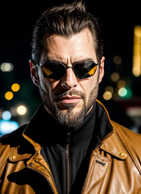 RAW photo of adamjensen-ti, natural lighting, 8k uhd, dslr, high quality, film grain, Fujifilm XT3, <lora:add_detail:0.7>, by Guy Bourdin, deus ex, christmas theme, black glasses