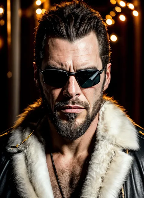 RAW photo of adamjensen-ti, natural lighting, 8k uhd, dslr, high quality, film grain, Fujifilm XT3, <lora:add_detail:0.7>, by David LaChapelle, deus ex, christmas theme, black glasses