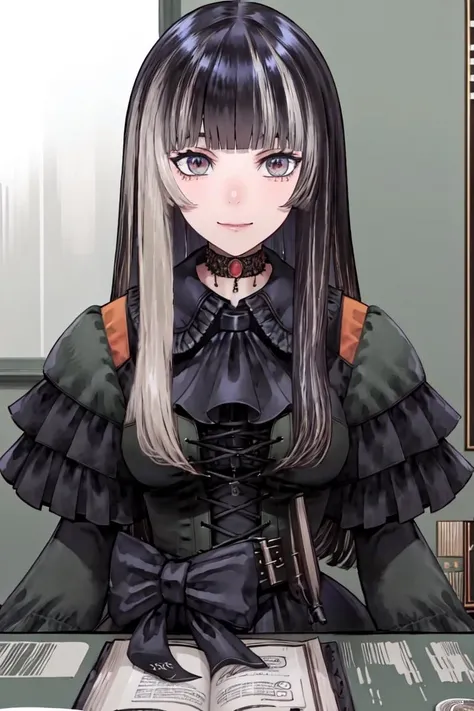 <lora:Raden:0.8>, 1girl, solo, juufuutei raden, black choker, black dress, green corset, upper body, (indoors), (window), (chair), (table)