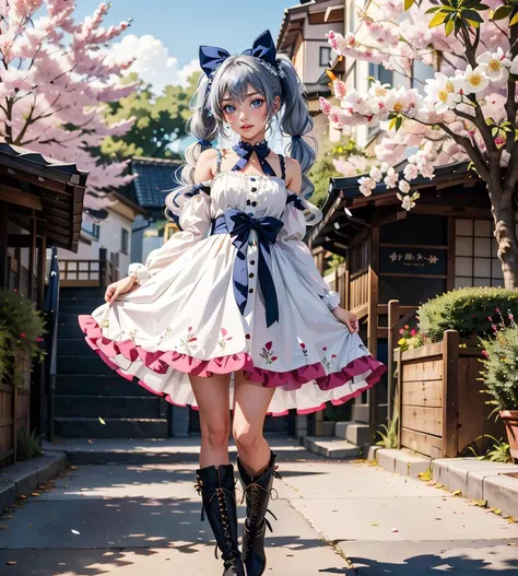 1girl, blue eyes, boots, bow, dress, eyelashes, hair bow, long hair, low-tied long hair, multi-tied hair, solo, traditional media, twintails, looking at viewer,
masterpiece, best quality, intricate details,
nature, floral background, pathway, anime screencap,