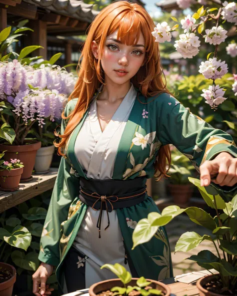 1girl, orange hair, bangs, blurry, blurry background, blurry foreground, branch, depth of field, holding, japanese clothes, leaf, long hair, long sleeves, motion blur, outdoors,, plant, potted plant, solo, tanabata, tanzaku, tree, wisteria, standing, holding potted plant,
masterpiece, best quality, <lora:AromaStyle-V9:0.6>