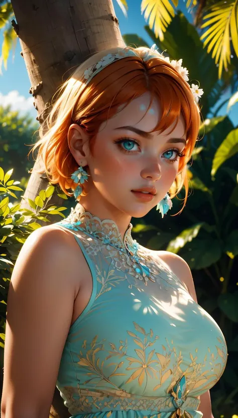 1girl, bare shoulders, blurry, blurry background, blurry foreground, bokeh, breasts, aqua eyes, orange hair, bush, dappled sunlight, depth of field, earrings, grass, jewelry, garden, lips, looking at viewer, medium breasts, outdoors, palm tree, plant, short hair, sleeveless, solo, tree,
masterpiece, best quality, intricate details, <lora:backlight_slider_v10:-1> <lora:contrast_slider_v10:2> <lora:weight_slider_v2:1>