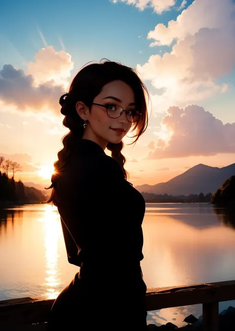 1girl, blush,  closed mouth, earrings, freckles, gradient, jewelry, long hair, long sleeves, looking at viewer, solo, twin braids, upper body, black-framed eyewear, seductive smile, wind, floating hair, wavy hair, light smile, from behind, back, 
masterpiece, best quality, intricate details,sunset, 
a wooden dock leading to a lake with a mountain in the background at sunset or dawn with clouds in the sky,  lake, a picture, neo-romanticism
<lora:backlight_slider_v10:-1> <lora:contrast_slider_v10:3>