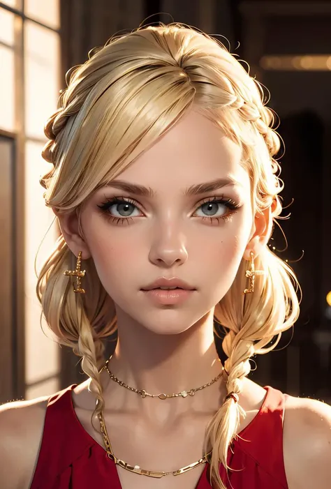 (masterpiece, best quality), 1girl,  Cardinal Braided Chignon with Hair Chain, Size C breasts,  <lora:edgLatvianDollLikeness1:0.8> edgLatv_woman,edgLatv_face,edgLatv_body, blonde