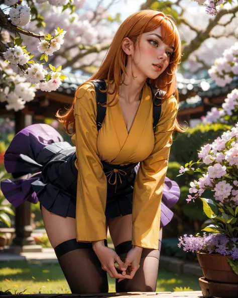 NamiFinal, Nami from the anime One Piece, orange hair, bangs, hair in a bun, beautiful, beautiful woman, perfect body, perfect breasts, wearing a kimono, wearing earrings, wearing a watch, in the park, cherry tree, traditional house japan, looking at viewer, slight smile, realism, masterpiece, textured leather, super detail, high detail, high quality, best quality, 1080p, 16k