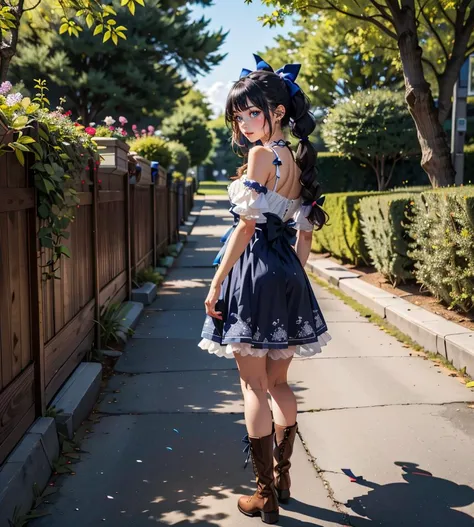 1girl, blue eyes, boots, bow, dress, eyelashes, hair bow, long hair, low-tied long hair, multi-tied hair, solo, traditional media, twintails, looking at viewer,
masterpiece, best quality, intricate details,
nature, floral background, pathway, anime screencap,