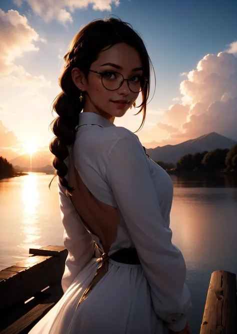 1girl, blush, closed mouth, earrings, freckles, gradient, jewelry, long hair, long sleeves, looking at viewer, solo, twin braids, upper body, black-framed eyewear, seductive smile, wind, floating hair, wavy hair, light smile, from behind, back,
masterpiece, best quality, intricate details,sunset,
a wooden dock leading to a lake with a mountain in the background at sunset or dawn with clouds in the sky, lake, a picture, neo-romanticism
<lora:backlight_slider_v10:-1> <lora:contrast_slider_v10:3>
