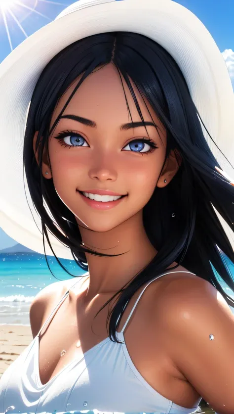 (best quality, masterpiece, perfect face, detailed simmetric iris), anime Nagatoro young tanned girl, play with water, beach, white long sundress, big white hat, smiling, shining sun in the sky, flare lens, funny clouds, (hyperrealism, soft light, dramatic light, sharp, HDR)