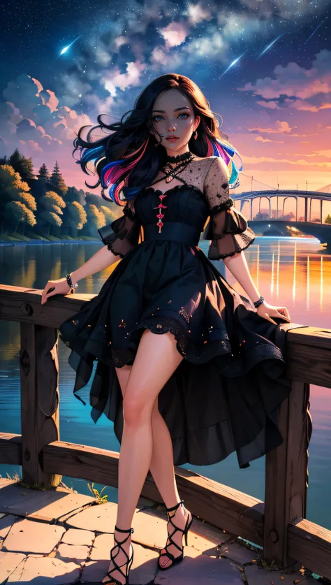 (best quality, masterpiece, perfect face, beautiful and aesthetic:1.2, colorful, dynamic angle, highest detailed face) full body photo, fashion photography of cute a majestic night, incredible multicolored sky, dreamlike, visible stars, a girl over the bridge across the river, looking over the sky, moonlight passing through hair, 35mm, bokeh, 9:16, (intricate details, hyperdetailed:1.15), detailed, high contrast, official art, extreme detailed, highest detailed),