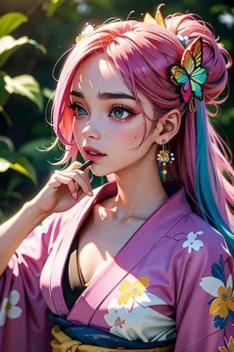 shukezouma, octane render, hdr, (hyperdetailed:1.15), (soft light, sharp:1.2), 1girl, beautiful girl, ultra detailed eyes, mature, plump, thick, rainbow painting drops, paint teardrops, woman made up from paint, entirely paint, splat, splash, long colored hair, kimono made from paint, ultra detailed texture kimono, rainbow paint kimono, paint bulb, paint drops, (hair ornaments, earrings, flowers hair ornaments, butterflies hair ornaments), outdoors, sakura trees