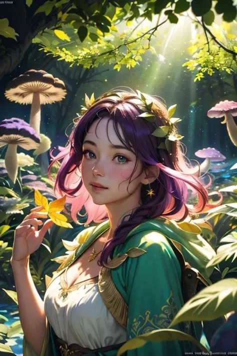 1 beautiful girl is a druid wearing leaf clothing in a forest garden at dawn, with glowing mushrooms everywhere that shines in like the sun. she is bathing with purple fluid under the sea. very detailed faces. beautiful lit, smooth, detailed watercolor style art painting, by rembrandt + laika moore, octane render, digital art, 8k