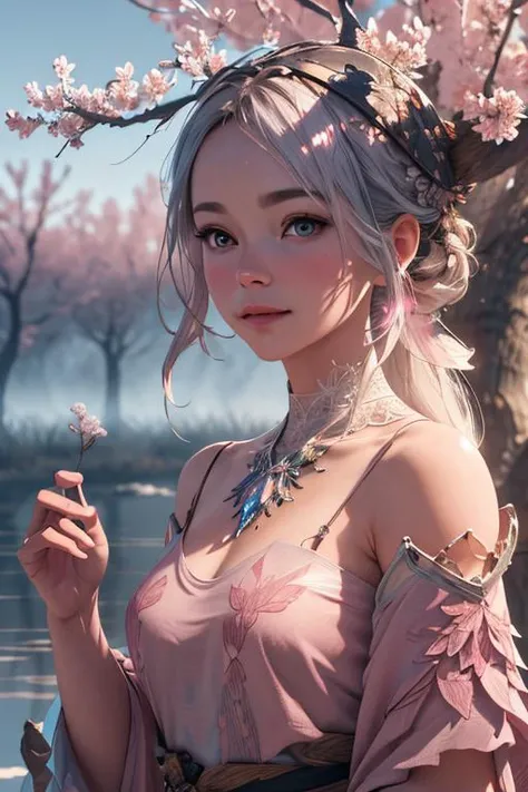 no humans, bare tree, masterpiece, best quality, high quality, extremely detailed CG unity 8k wallpaper,flowering landscape ,A dry place like an empty desert,dearest,foxy,Mono Lake,hackberry,3D Digital Paintings,award winning photography, Bokeh, Depth of Field, HDR, bloom, Chromatic Aberration ,Photorealistic,extremely detailed, trending on artstation, trending on CGsociety, Intricate, High Detail, dramatic, art by midjourney, fog, fantasy, mythology, pink leaf, snowing, ice