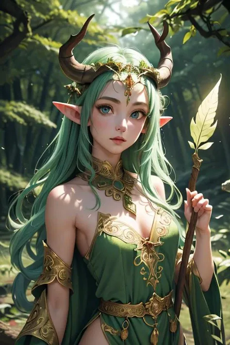 masterpiece, best quality, 1girl,druid,leaf clothing,(wood staff),(energy flow:1.2),horns,gorgeous,ornate, beautiful,looking at viewer,forest,perfect lighting,circlet (masterpiece, high quality:1.2), elf
