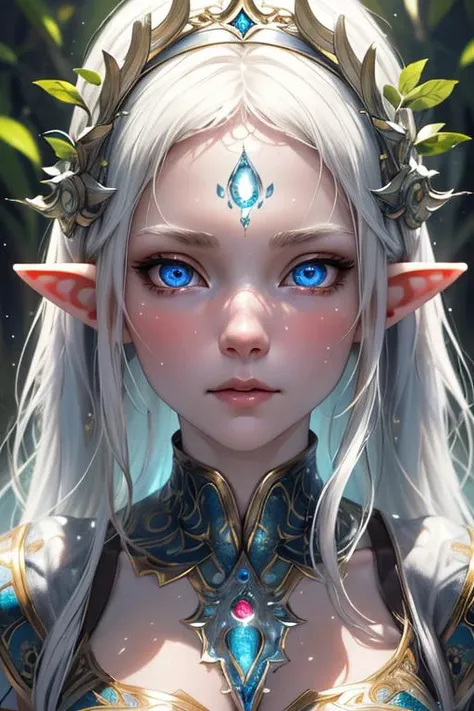 masterpiece, ultra realistic 8k fantasy CG, best quality, hyperdetailed, high key, (full body), face portrait, 1girl, elf, druid, detailed beautiful young face, shiny water eyes, glowing pupils, (serious expression, praying, closed month), glowing pale skin, smooth skin, detailed skin texture