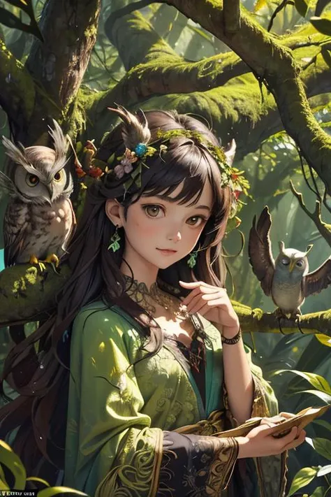 (masterpiece:1.2, best quality), (real picture, intricate details), (1lady, solo, upper body:1.15), mystical forest, with twisted trees and creeping vines that seem to have a life of their own. The colors are rich and deep, with shades of green and brown mingling with splashes of gold and red. In the foreground, a wise old owl perches on a branch, while a group of mischievous fairies flit about, playing pranks on one another. The scene captures the sense of mystery and magic that can be found in a dark and enchanted forest