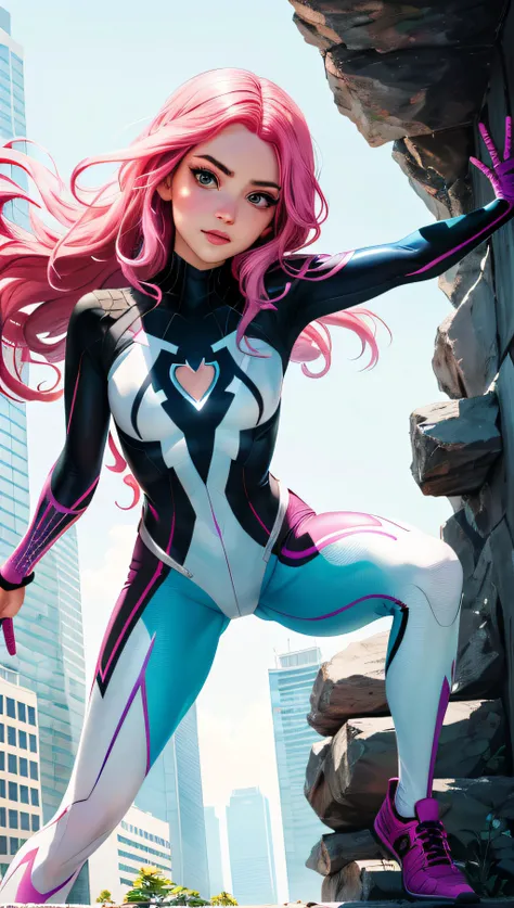(best quality, masterpiece, perfect face, beautiful and aesthetic:1.2, colorful, dynamic angle, highest detailed face) full body photo, fashion photography of cute spiderwoman (Gwen), in fighting pose, 35mm, bokeh, 9:16, (intricate details, hyperdetailed:1.15), detailed, sunlight passing through hair (high contrast, official art, extreme detailed, highest detailed),