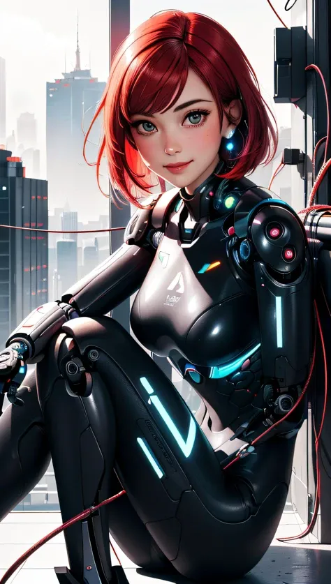 (best quality, masterpiece, perfect face, beautiful and aesthetic:1.2, colorful, dynamic angle, highest detailed face) full body photo of a complex ultra detailed of a beautiful android girl, cute smiling face, cyborg, bobbed haircut, robotic parts, vibrant details, luxurious cyberpunk, lace, cable electric wires, microchip, elegant, beautiful background, octane render, 8k, extremely detailed, CG, unity, wallpaper, robot, full body, sitting, high contrast colors, 35mm, bokeh, 9:16, (intricate details, hyperdetailed:1.15), detailed, sunlight passing through hair (high contrast, official art, extreme detailed, highest detailed),