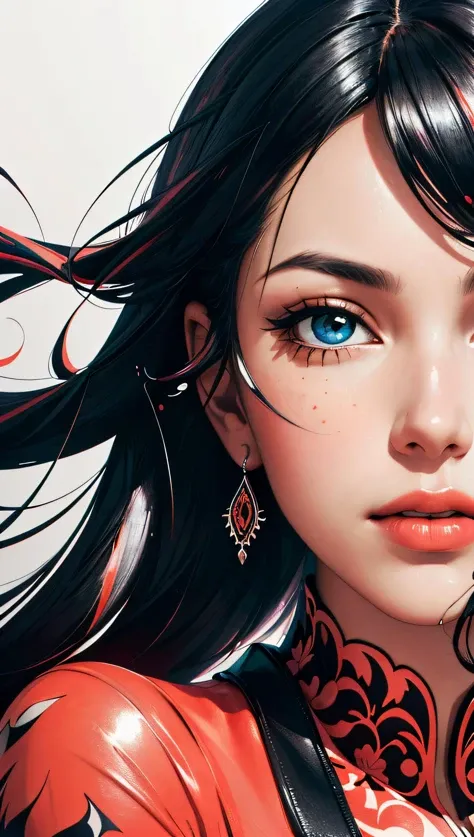 (best quality, masterpiece, perfect face, beautiful and aesthetic:1.2, colorful, dynamic angle, highest detailed face) a girl, illustration, cover art, (black:1.2), portrait , coral background, splash, high contrast colors, muted colors, high contrast, , 35mm, bokeh, 9:16, (intricate details, hyperdetailed:1.15), detailed, sunlight passing through hair (high contrast, official art, extreme detailed, highest detailed),