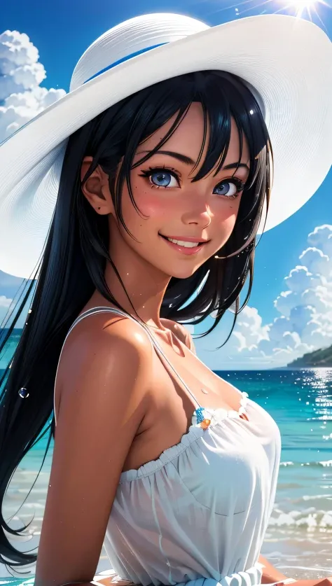 (best quality, masterpiece, perfect face, detailed simmetric iris), anime Nagatoro young tanned girl, play with water, beach, white long sundress, big white hat, smiling, shining sun in the sky, flare lens, funny clouds, (hyperrealism, soft light, dramatic light, sharp, HDR)