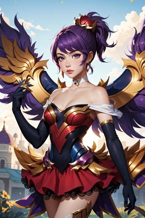 (masterpiece, best quality), intricate details,
1girl, <lora:quinn_and_heartseeker_lol:0.8> quinn \(league of legends\),1girl, hair ornament, elbow gloves, dress, ponytail, purple hair, bare shoulders, choker, skirt,