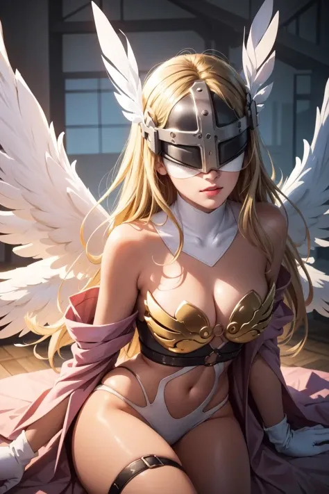 (masterpiece, best quality),  intricate details,
1girl,  <lora:angewomontest:0.8> angewomon, blonde hair, (covered eyes:1.7), long hair,, angel wings, bare shoulders, elbow gloves, feathered wings, gloves, head wings, helmet, navel, pink ribbon, ribbon, single elbow glove, single glove, thigh strap, wings,