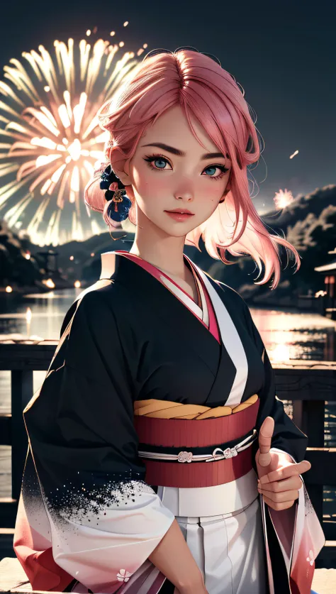 (best quality, masterpiece, perfect face, beautiful and aesthetic:1.2, colorful, dynamic angle, highest detailed face) full body photo, fashion photography of cute european girl with iridiscent pink hair, flirting with POV, in traditional japanese gold&black kimono, ultra detailed kimono textures, high contrast, night, kyoto, fireworks, 35mm, bokeh, 9:16, (intricate details, hyperdetailed:1.15), detailed, sunlight passing through hair (high contrast, official art, extreme detailed, highest detailed),