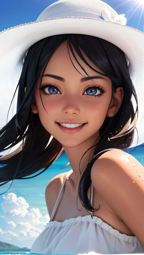 (best quality, masterpiece, perfect face, detailed simmetric iris), anime Nagatoro young tanned girl, play with water, beach, white long sundress, big white hat, smiling, shining sun in the sky, flare lens, funny clouds, (hyperrealism, soft light, dramatic light, sharp, HDR)