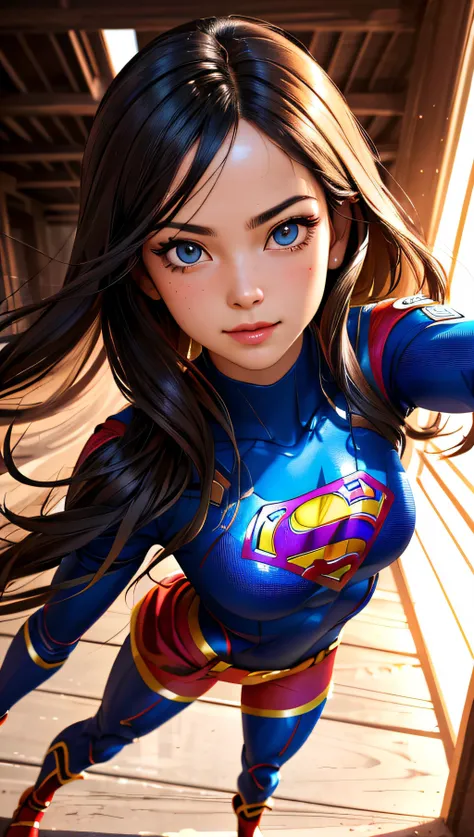 (best quality, masterpiece, perfect face, beautiful and aesthetic:1.2, colorful, dynamic angle, highest detailed face) full body photo, fashion photography of cute supergirlgirl with long iridiscent golden hair, in fighting pose, 35mm, bokeh, 9:16, (intricate details, hyperdetailed:1.15), detailed, sunlight passing through hair (high contrast, official art, extreme detailed, highest detailed),