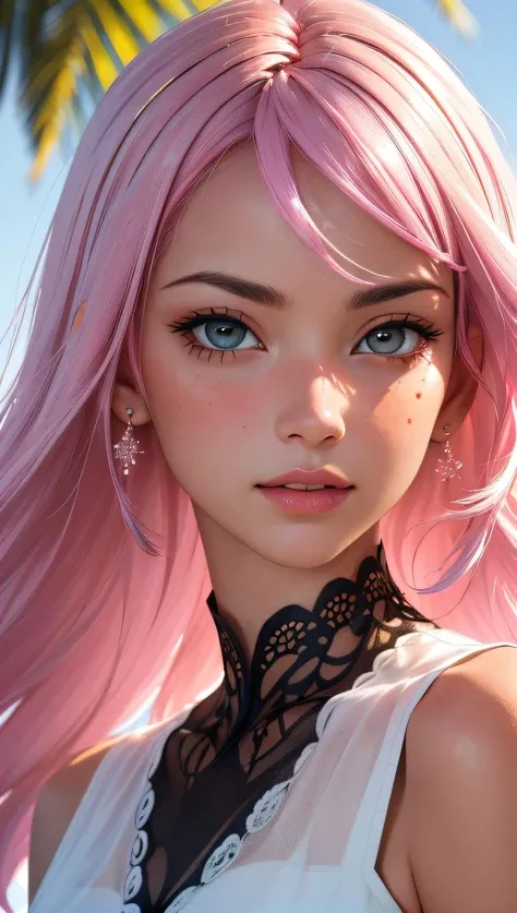 (best quality, masterpiece, perfect face, beautiful and aesthetic:1.2, colorful, dynamic angle, highest detailed face) pink hair, 18 years old pale girl, medium tits, blushing, beach, 35mm, bokeh, 9:16, (intricate details, hyperdetailed:1.15), detailed, sunlight passing through hair (high contrast, official art, extreme detailed, highest detailed),